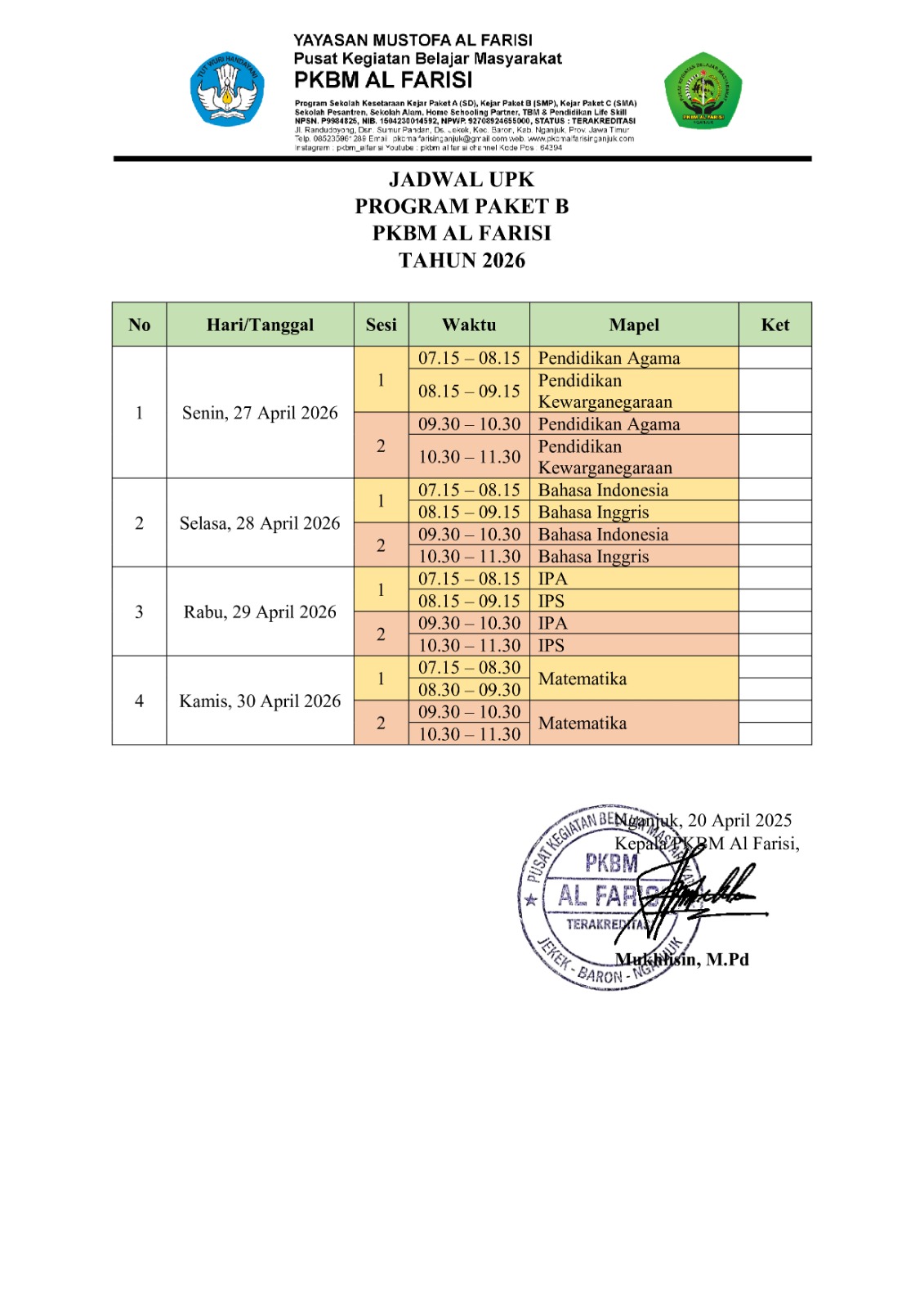 PENGUMUMAN JADWAL UJIAN PENDIDIKAN KESETARAAN (UPK) PROGRAM KEJAR PAKET B SETARA SMP PKBM AL FARISI TAHUN 2026